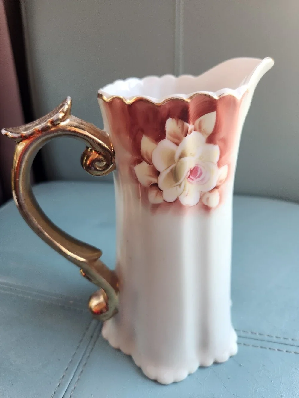 VTG NIPPON Hand Painted Pitcher JAPAN Floral Pale Green PINKS Vase Gold Trim EVC